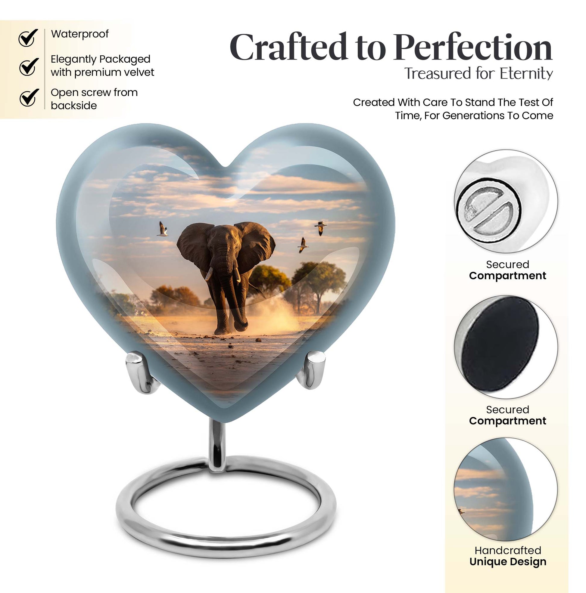 10-inch Elegant Elephant Urn for adult ashes, Butterfly-themed Heart cremation urn with personal engraving