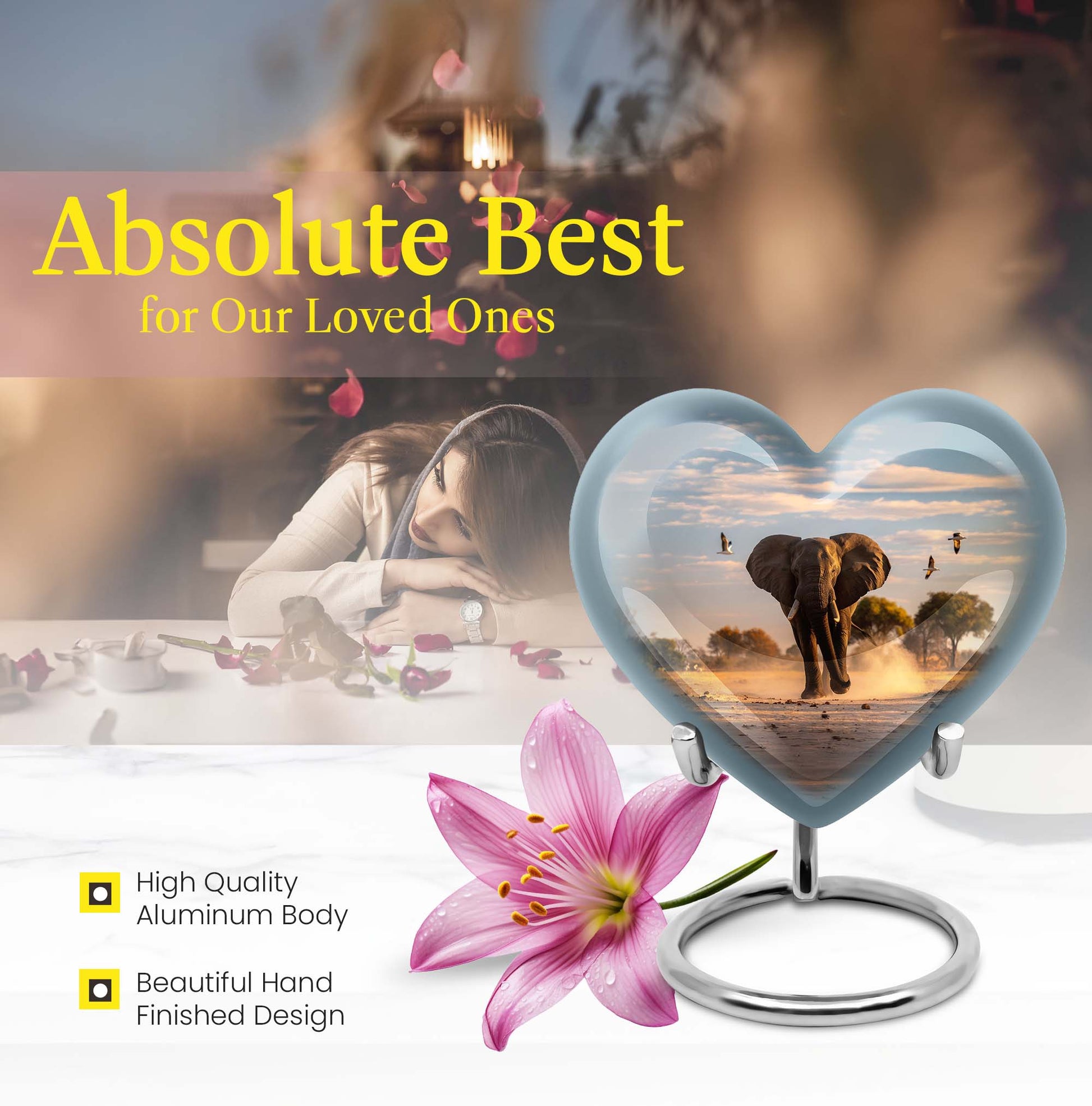 10-inch Elegant Elephant Urn for adult ashes, Butterfly-themed Heart cremation urn with personal engraving