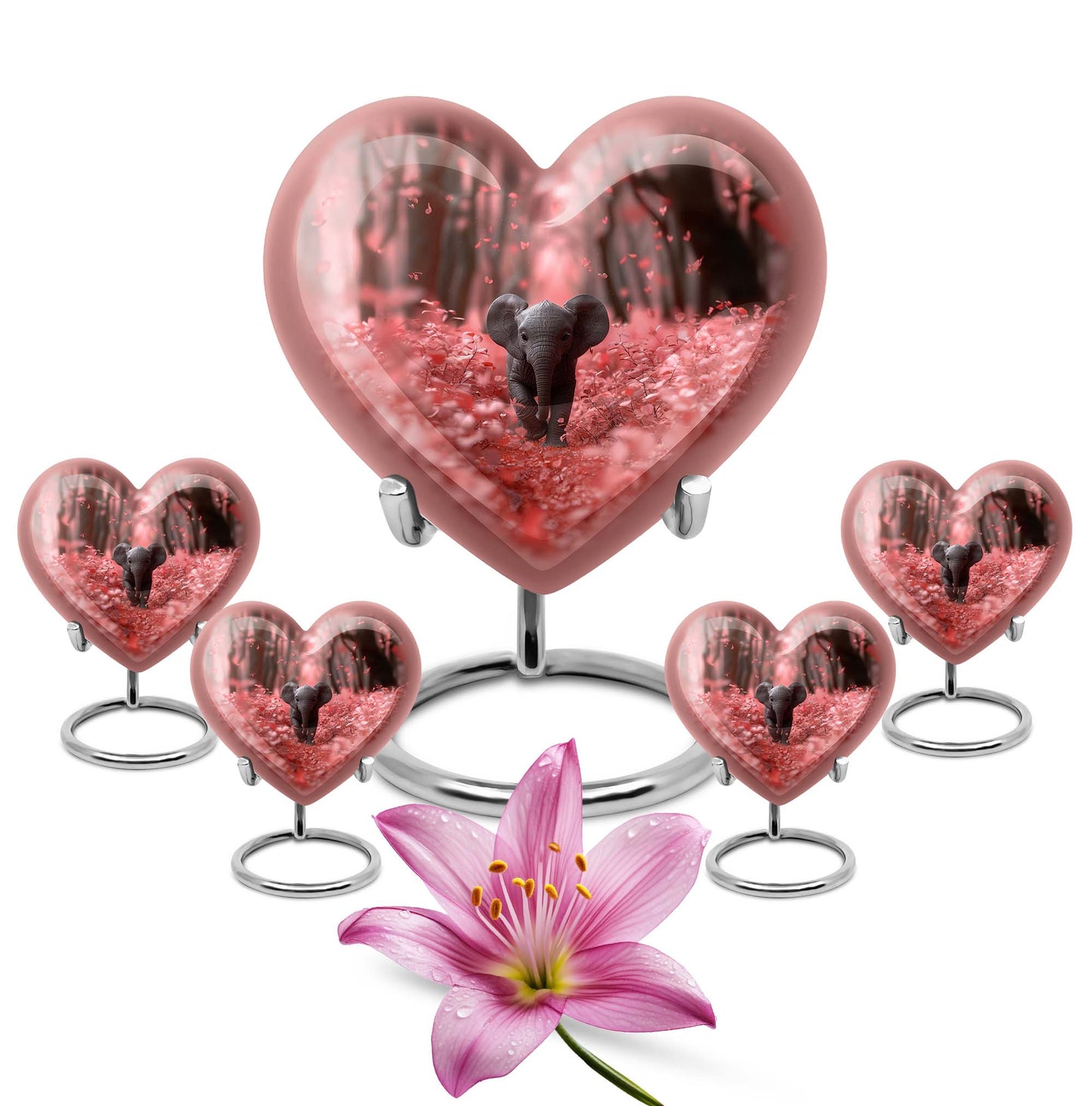 10-inch Elephant themed Heart urn with butterfly design for burial custom, made of Aluminum