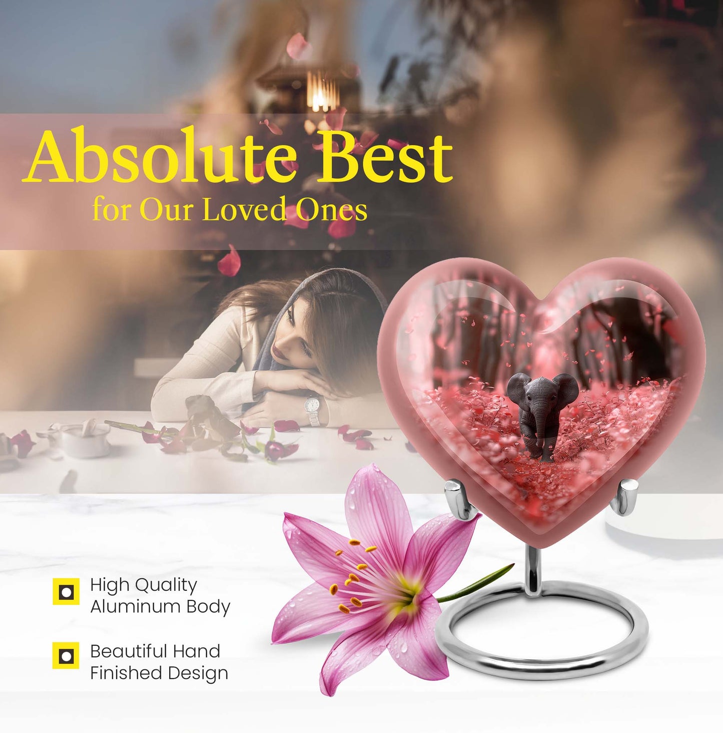 10-inch Elephant themed Heart urn with butterfly design for burial custom, made of Aluminum