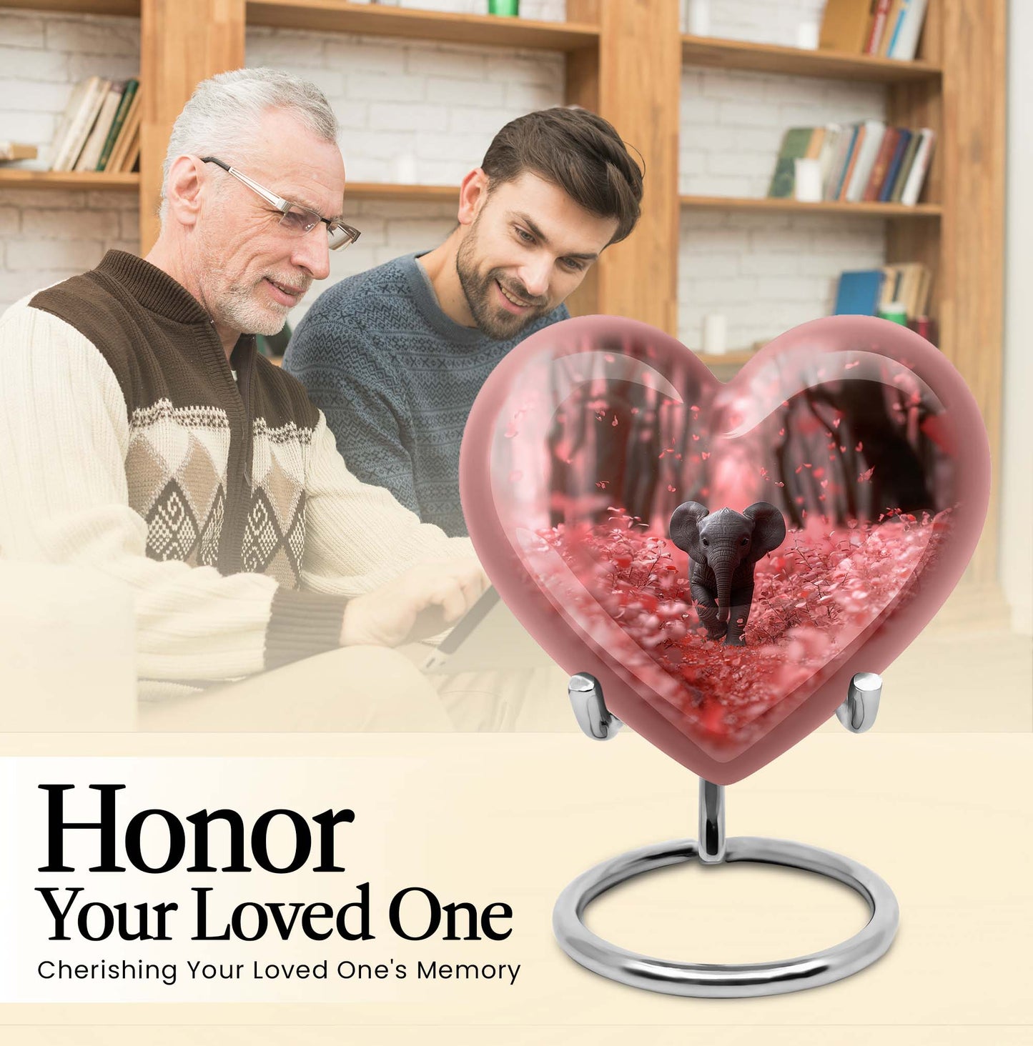 10-inch Elephant themed Heart urn with butterfly design for burial custom, made of Aluminum