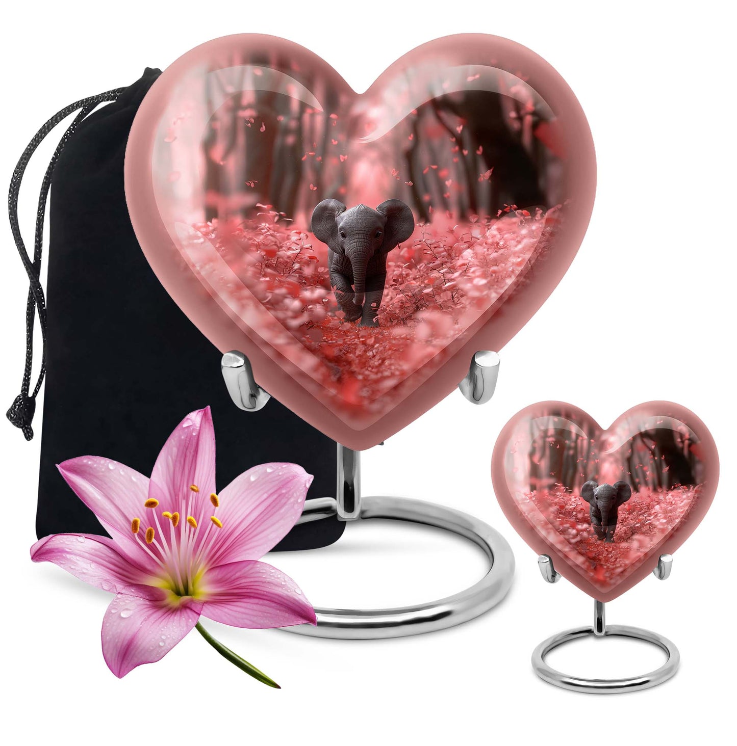 10-inch Elephant themed Heart urn with butterfly design for burial custom, made of Aluminum