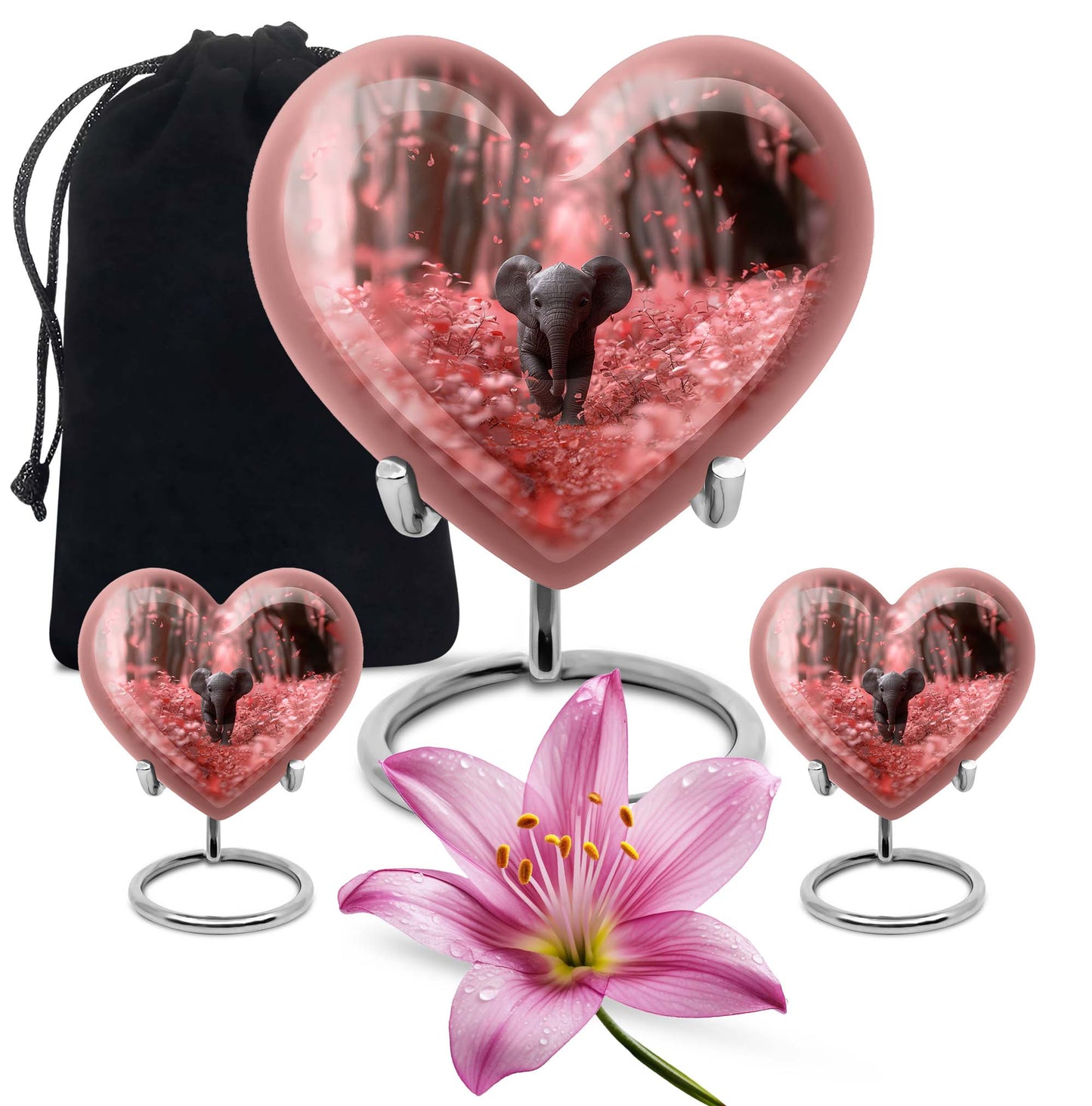 10-inch Elephant themed Heart urn with butterfly design for burial custom, made of Aluminum