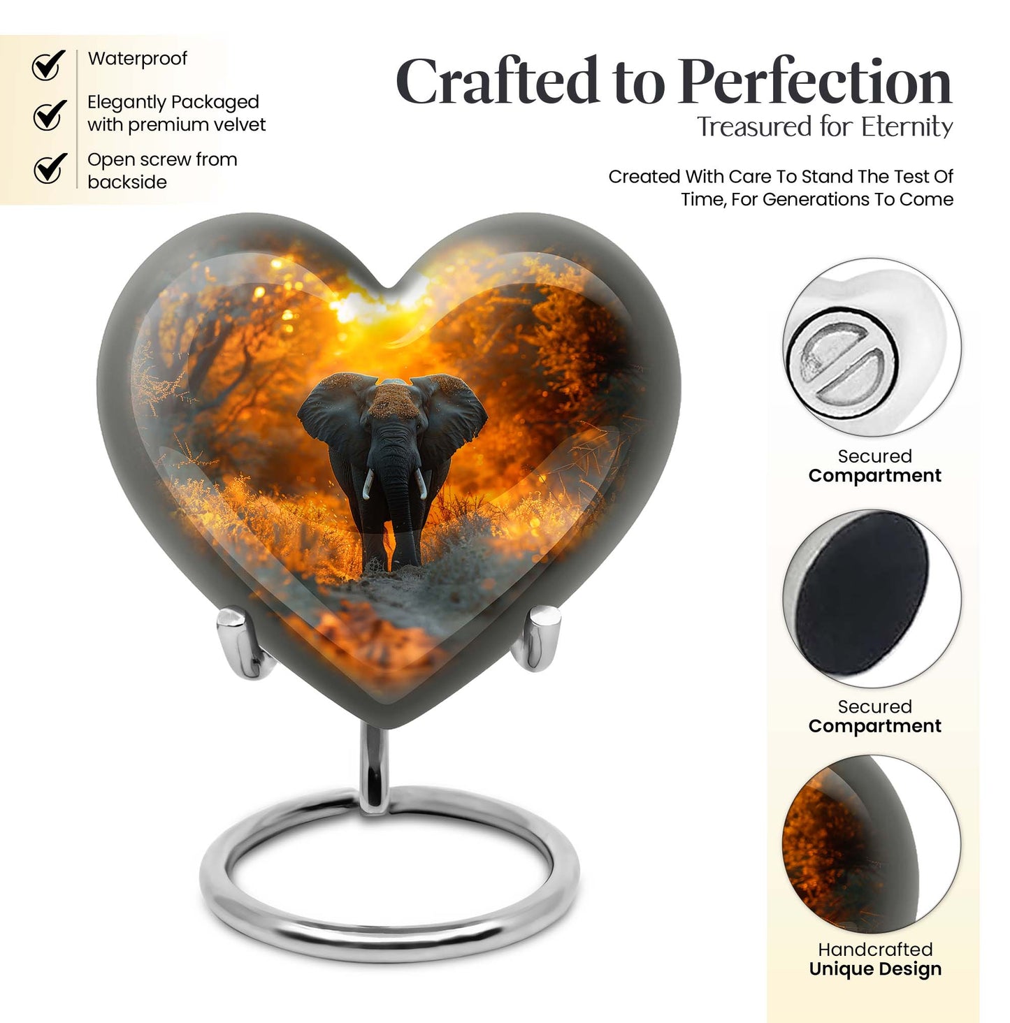 10 inch Aluminium Heart Elephant Urn with Butterfly theme for male cremation