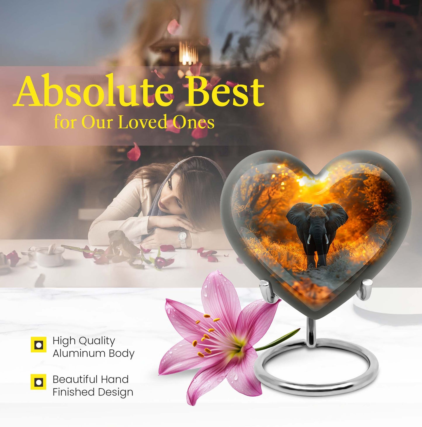 10 inch Aluminium Heart Elephant Urn with Butterfly theme for male cremation