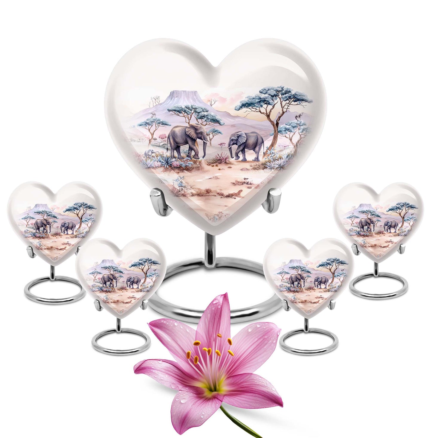 10-inch Heart-shaped Elephant Urn, featuring a butterfly theme, includes personal engraving and velvet pouch