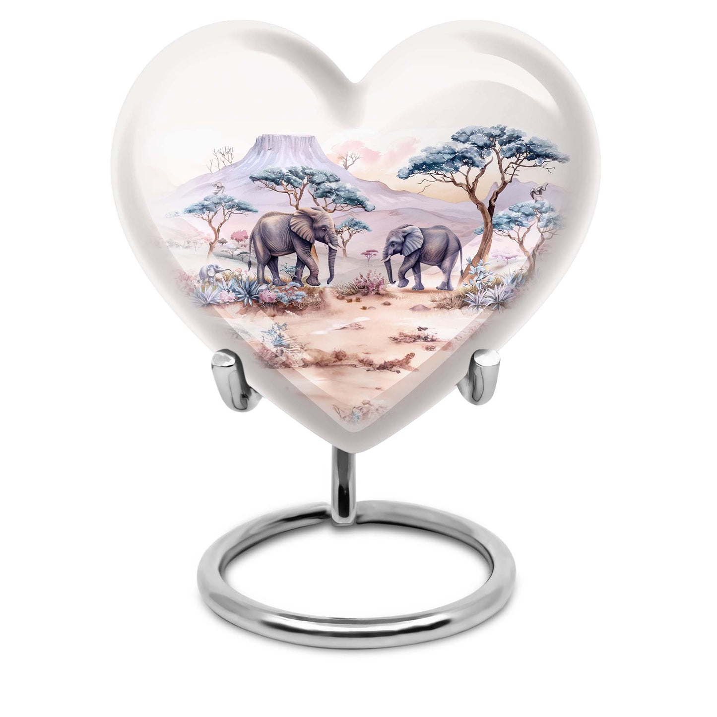10-inch Heart-shaped Elephant Urn, featuring a butterfly theme, includes personal engraving and velvet pouch