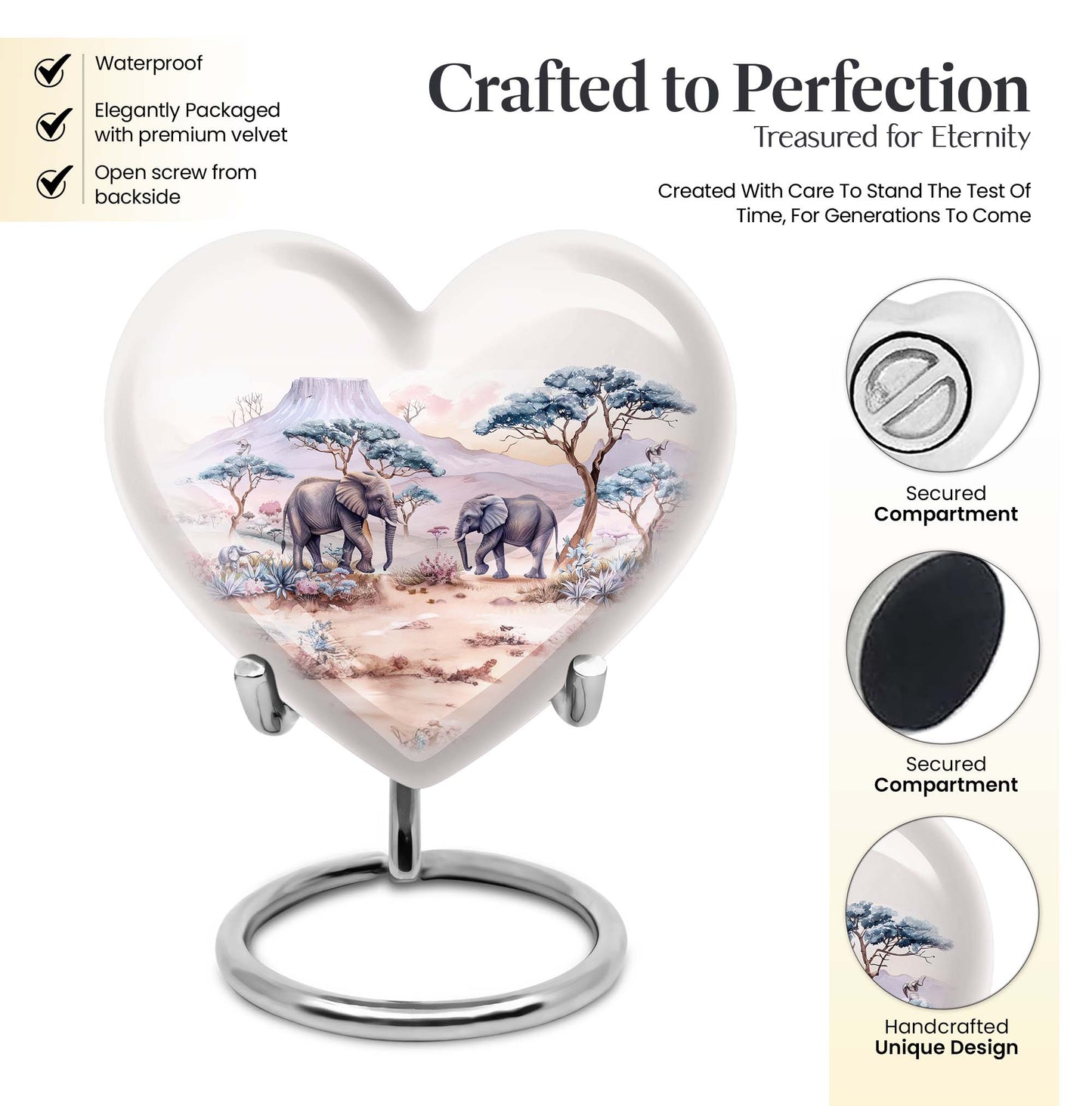 10-inch Heart-shaped Elephant Urn, featuring a butterfly theme, includes personal engraving and velvet pouch