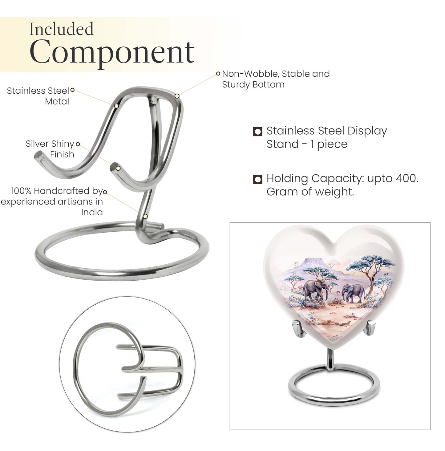 10-inch Heart-shaped Elephant Urn, featuring a butterfly theme, includes personal engraving and velvet pouch