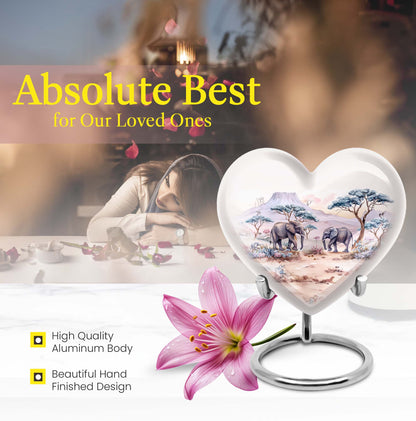 10-inch Heart-shaped Elephant Urn, featuring a butterfly theme, includes personal engraving and velvet pouch