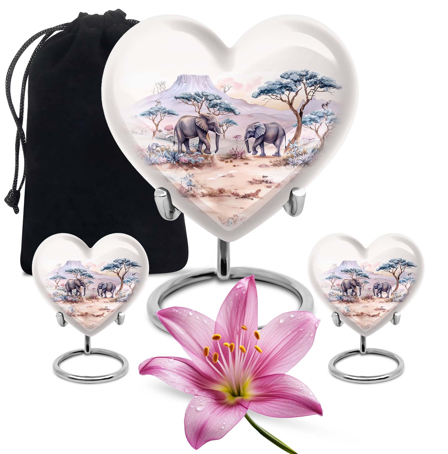 10-inch Heart-shaped Elephant Urn, featuring a butterfly theme, includes personal engraving and velvet pouch