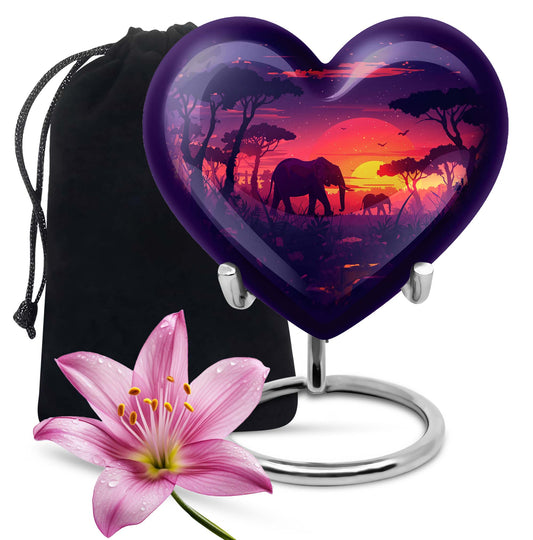 10 inches Butterfly-themed Heart Shaped Elephant Family Urn with option for engraved names.