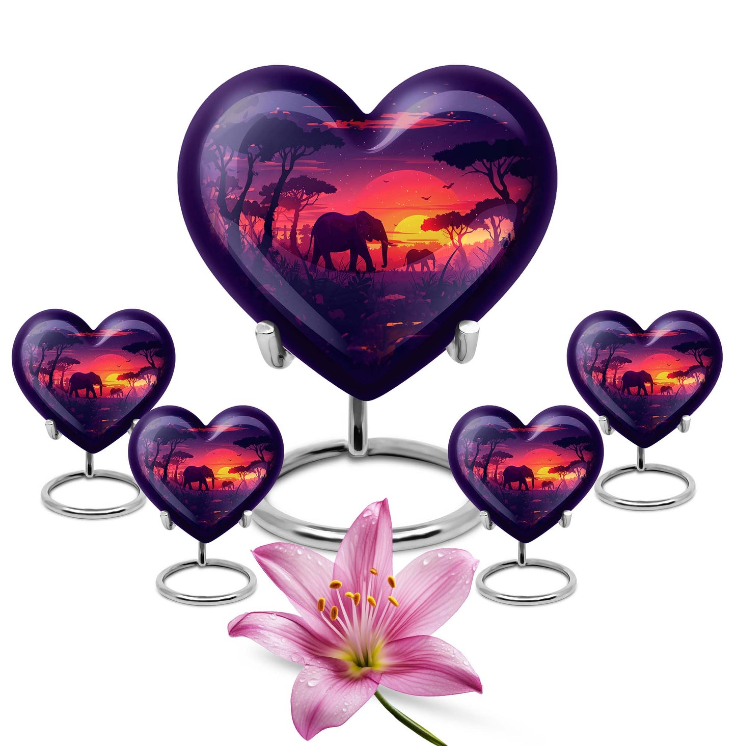 10 inches Butterfly-themed Heart Shaped Elephant Family Urn with option for engraved names.
