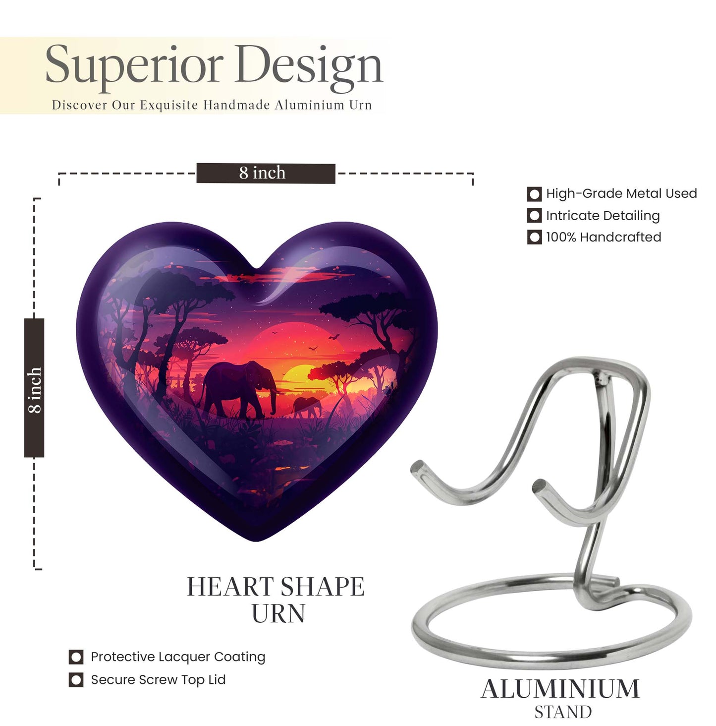 10 inches Butterfly-themed Heart Shaped Elephant Family Urn with option for engraved names.