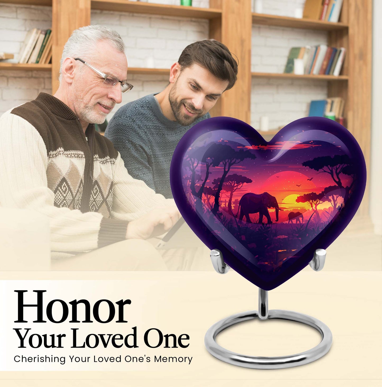 10 inches Butterfly-themed Heart Shaped Elephant Family Urn with option for engraved names.
