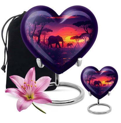 10 inches Butterfly-themed Heart Shaped Elephant Family Urn with option for engraved names.