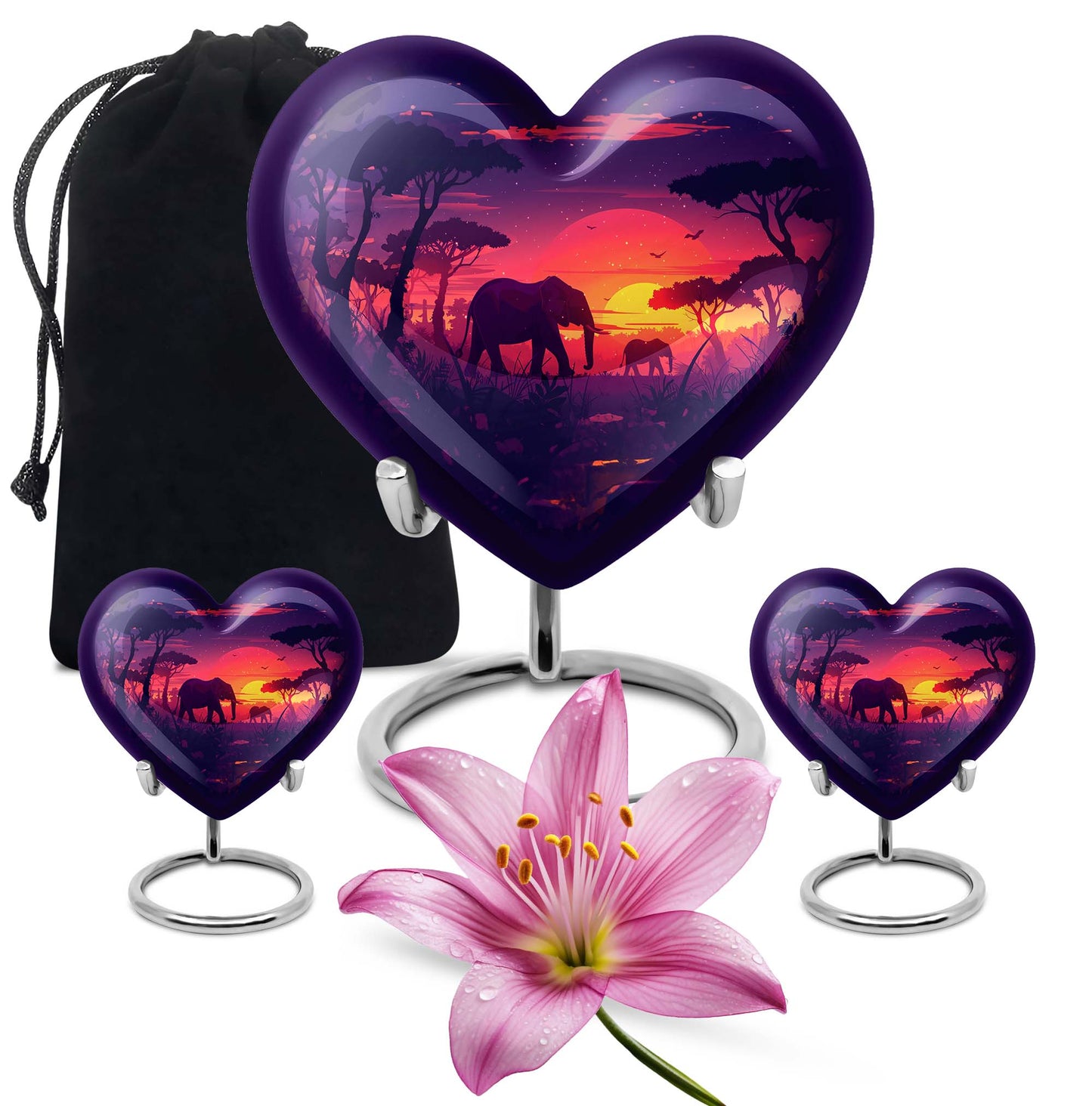 10 inches Butterfly-themed Heart Shaped Elephant Family Urn with option for engraved names.