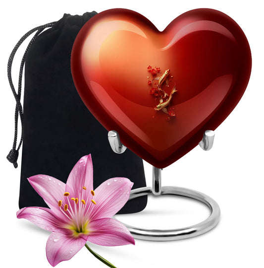 Gold fish-shaped heart urn for adult male ashes