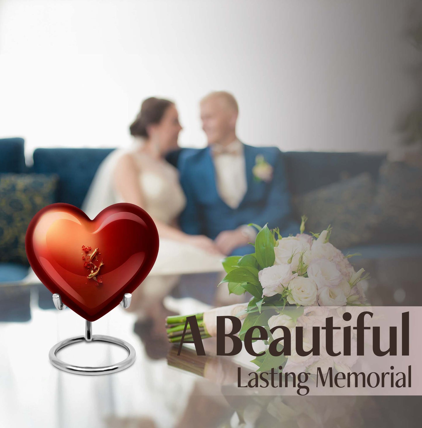 Gold fish-shaped heart urn for adult male ashes