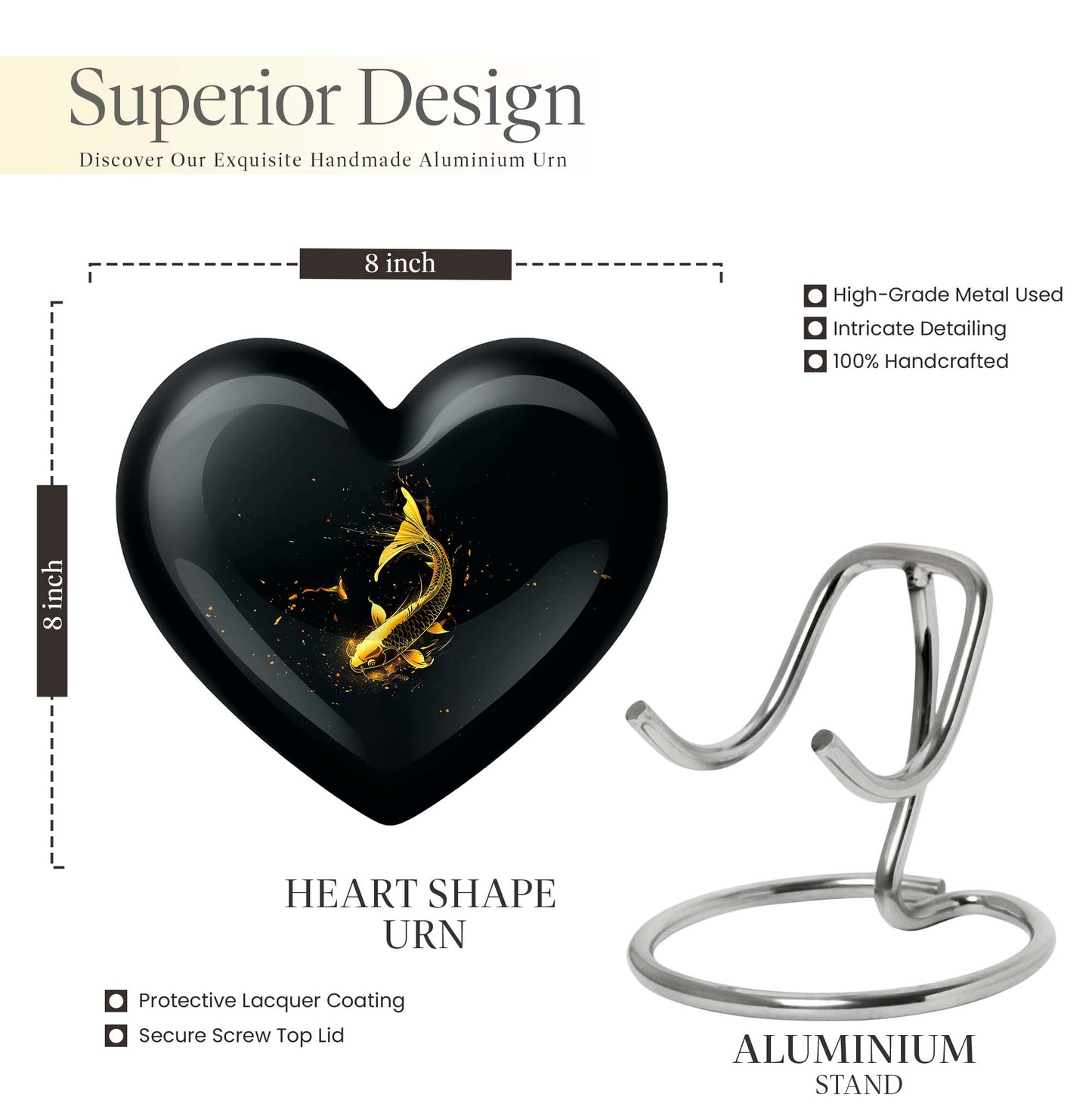 10-inch gold fish Heart Urn, large butterfly-themed memorial urn for human ashes