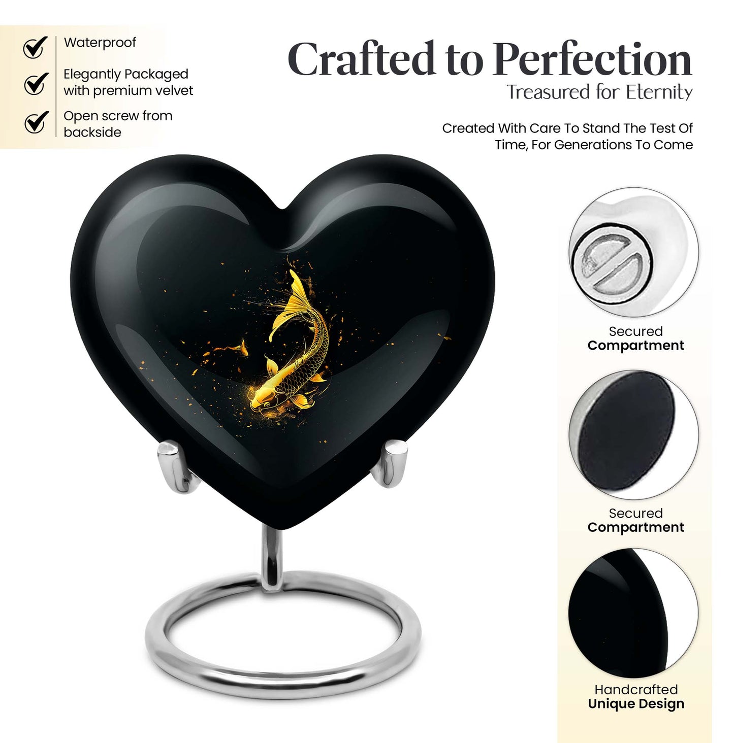 10-inch gold fish Heart Urn, large butterfly-themed memorial urn for human ashes