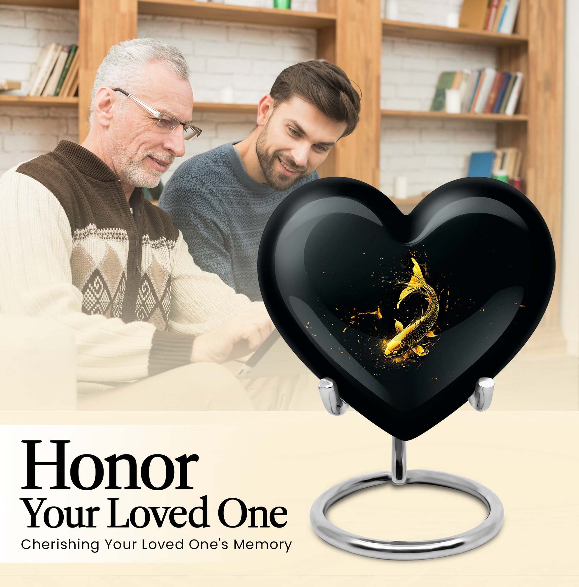 10-inch gold fish Heart Urn, large butterfly-themed memorial urn for human ashes