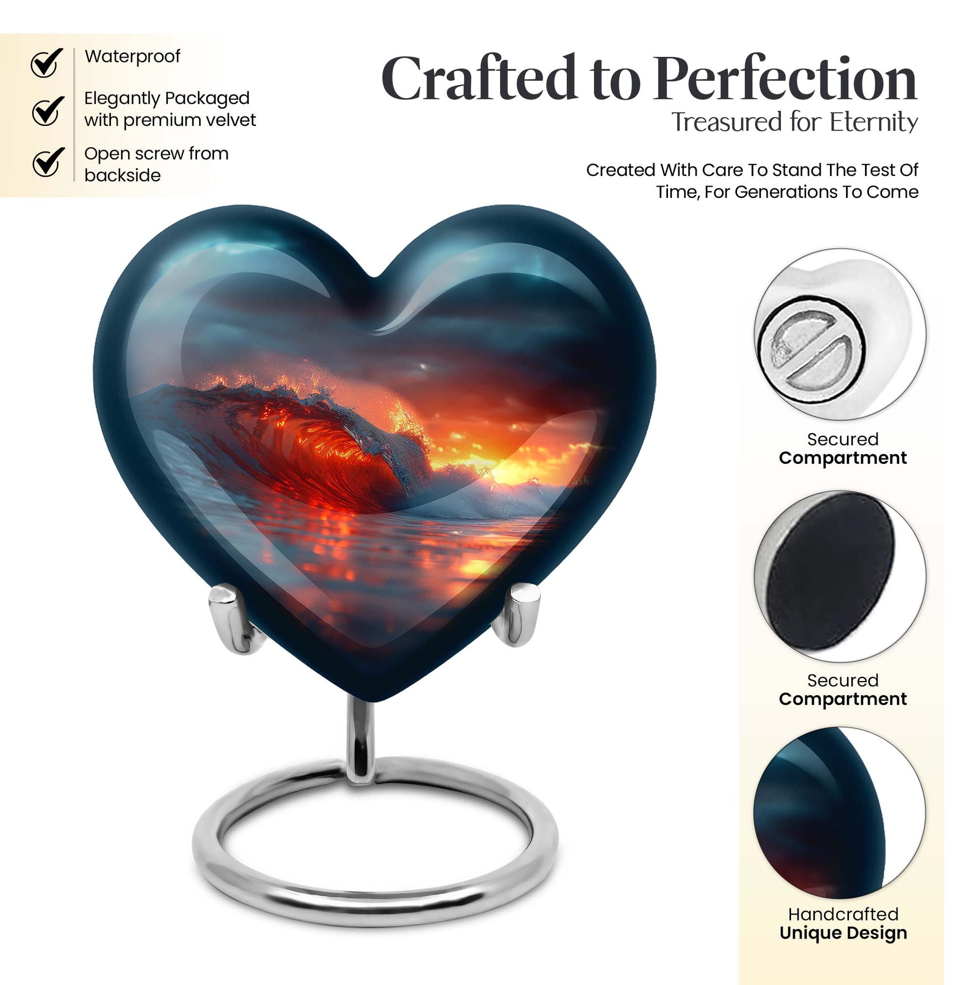 10-inch ocean waves heart urn for ashes with butterfly design and personalized engraving