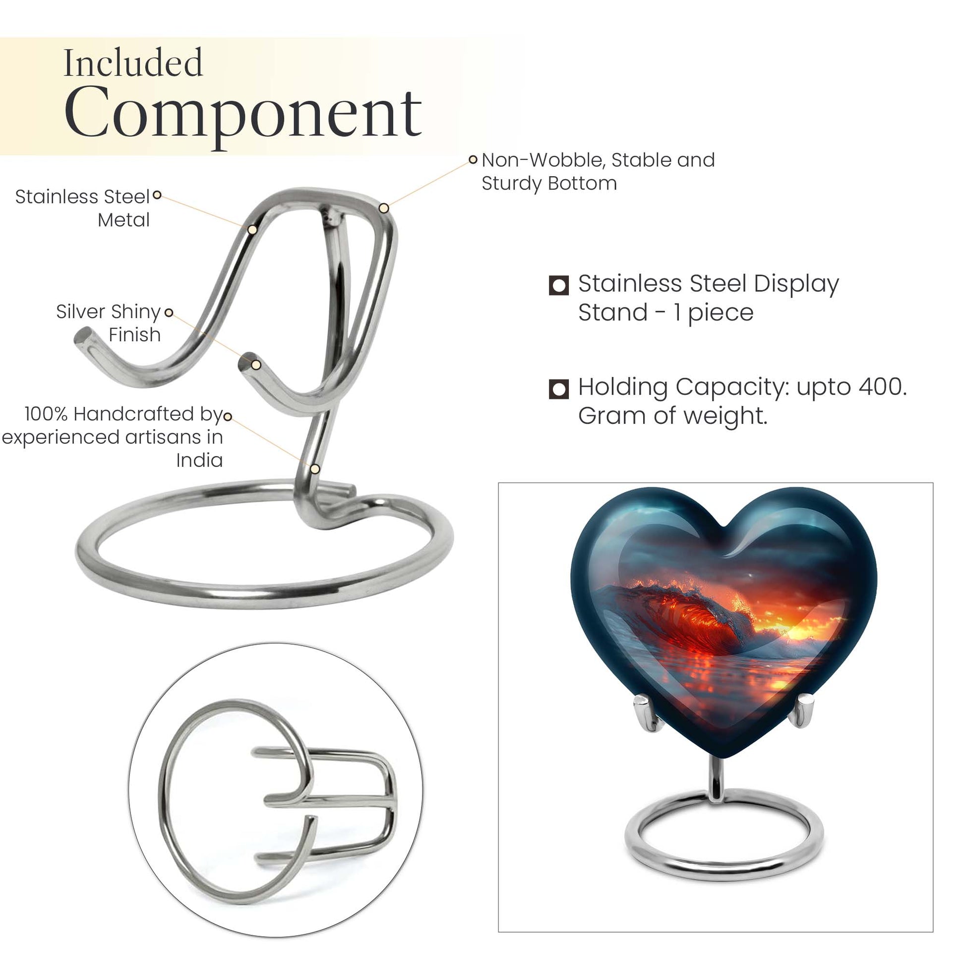 10-inch ocean waves heart urn for ashes with butterfly design and personalized engraving