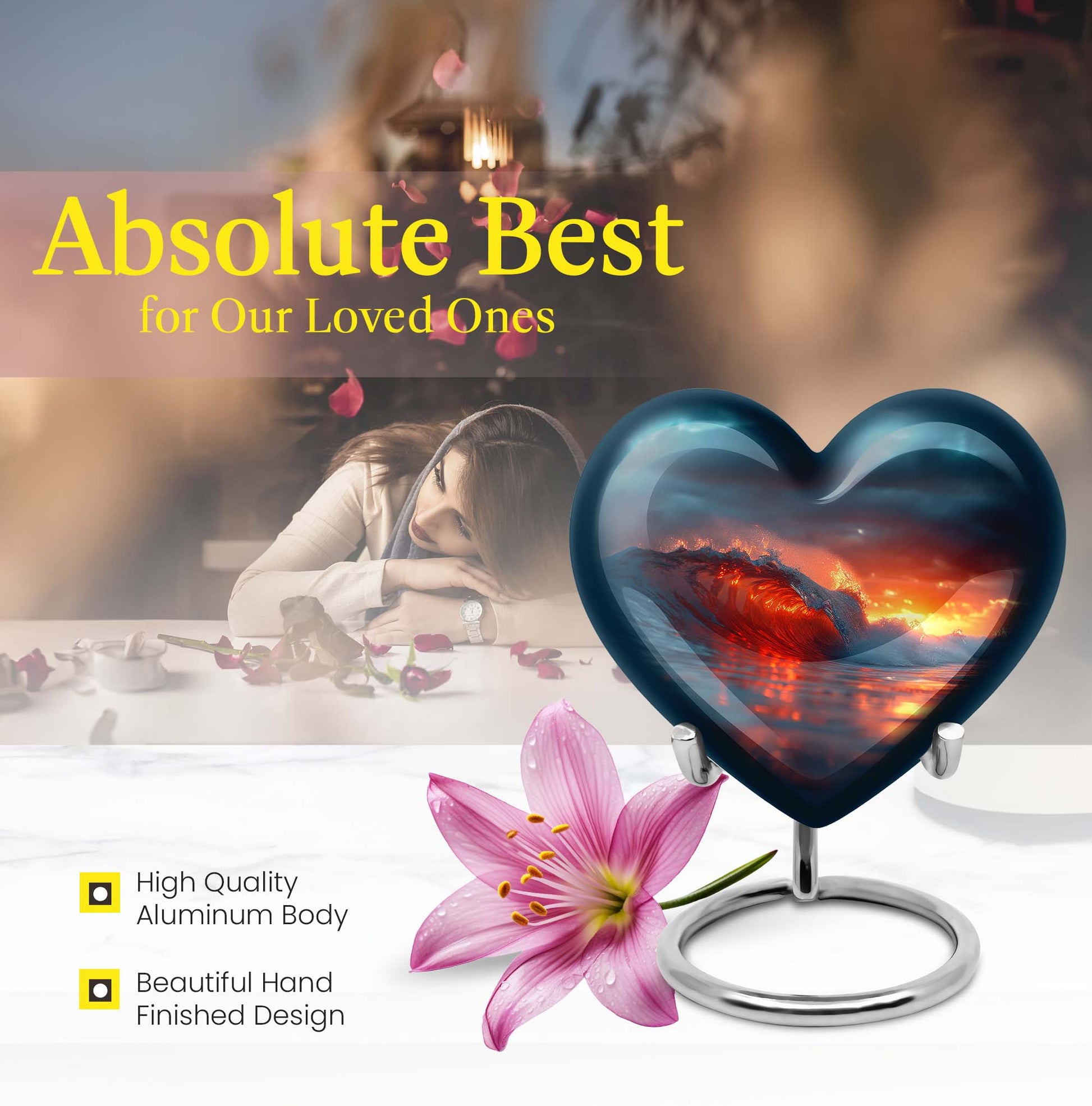 10-inch ocean waves heart urn for ashes with butterfly design and personalized engraving