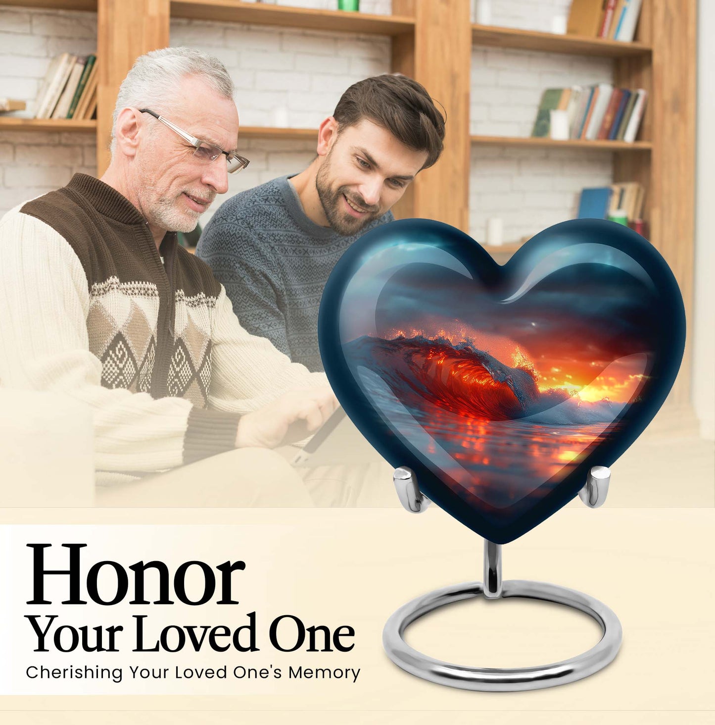 10-inch ocean waves heart urn for ashes with butterfly design and personalized engraving