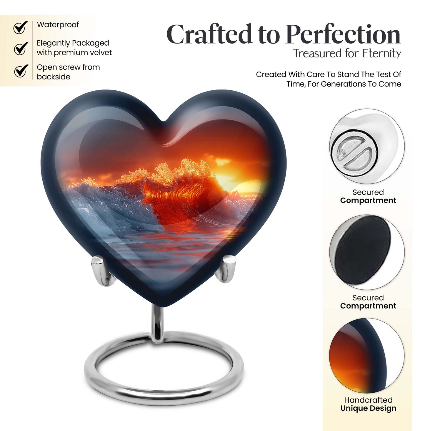 Heart-shaped, ocean waves, butterfly-themed urn 