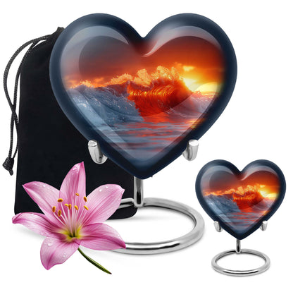 Heart-shaped, ocean waves, butterfly-themed urn 