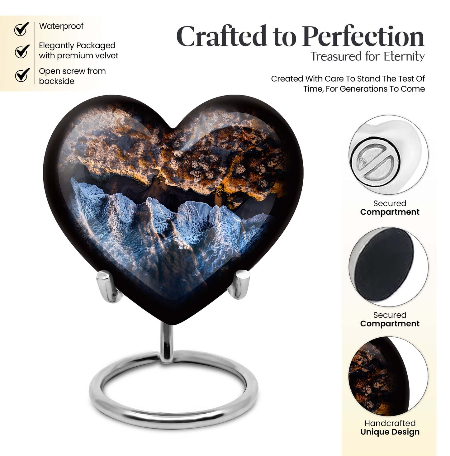 10-Inch Ocean Waves Heart Urn for Burial Ashes with Butterfly Theme