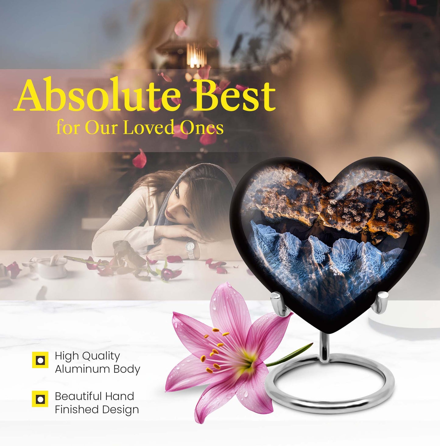 10-Inch Ocean Waves Heart Urn for Burial Ashes with Butterfly Theme