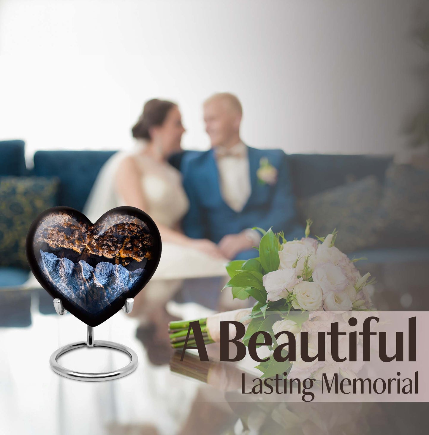 10-Inch Ocean Waves Heart Urn for Burial Ashes with Butterfly Theme