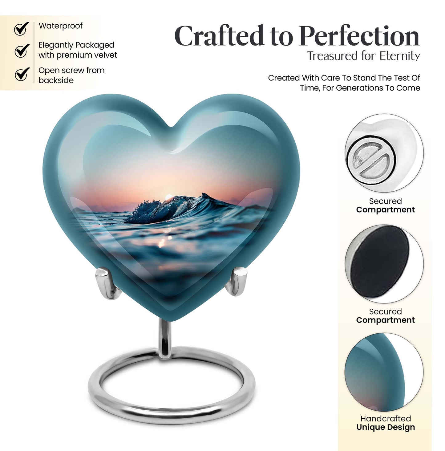 10-inch ocean waves heart urn with butterfly theme for adult ashes