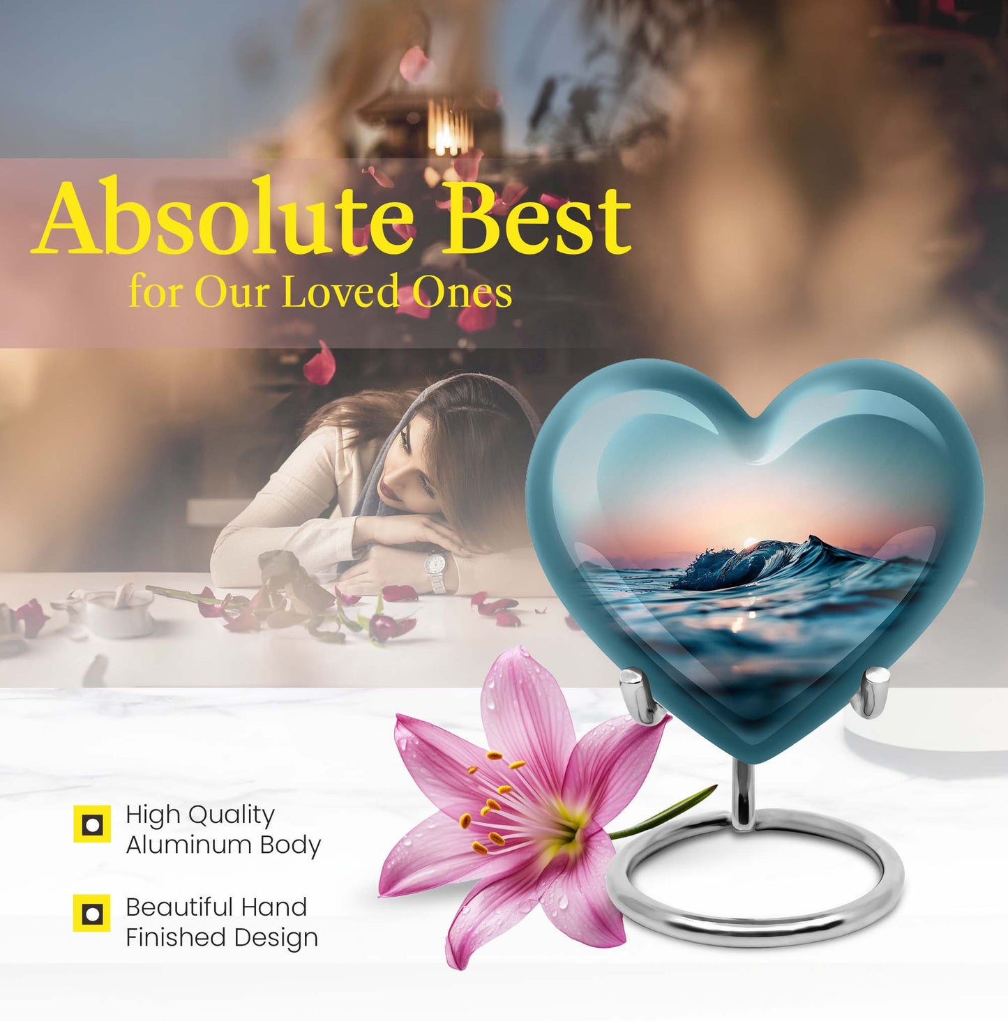 10-inch ocean waves heart urn with butterfly theme for adult ashes