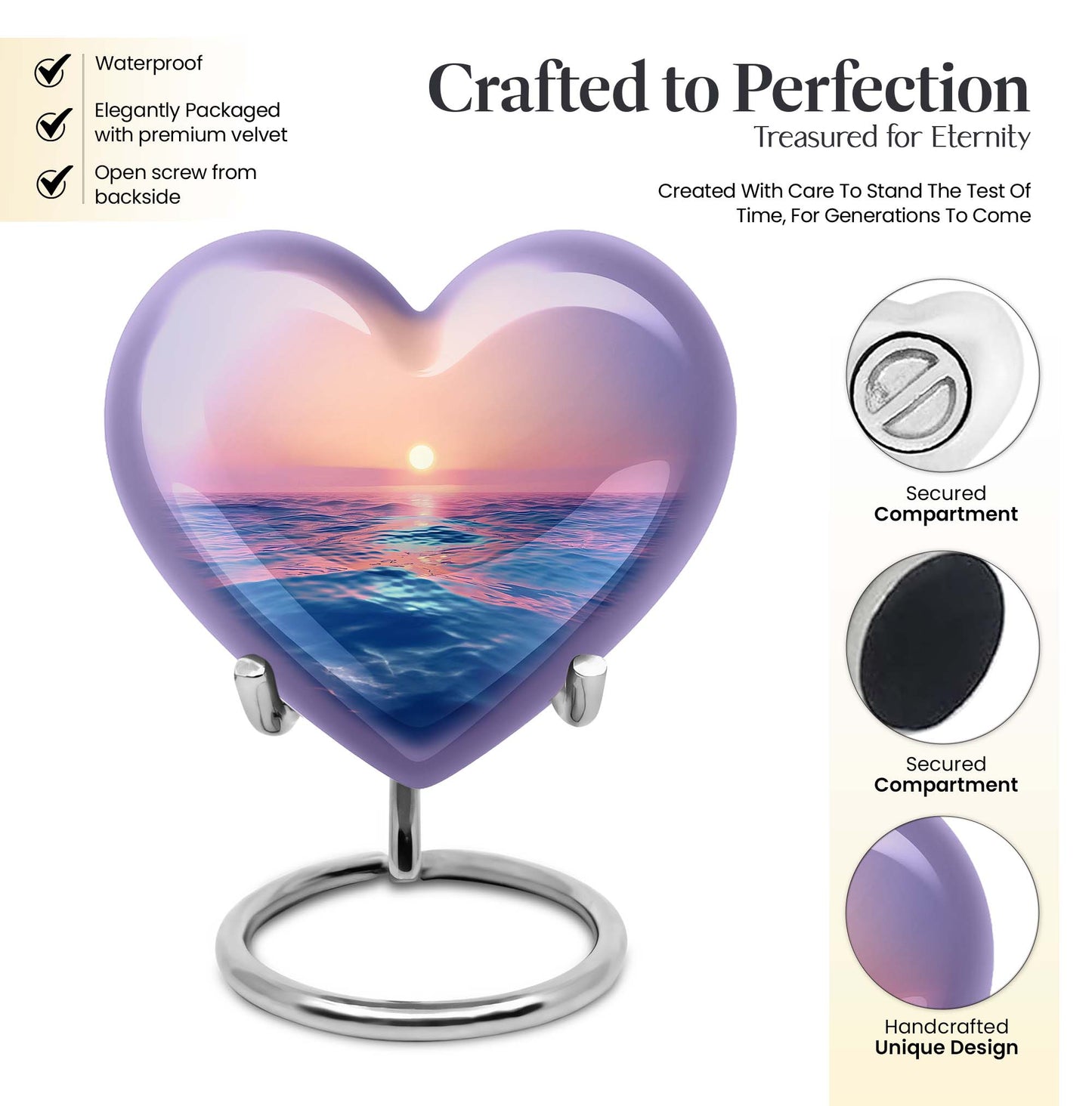 10-inch ocean waves urn, heart-shaped, butterfly-themed for adult cremation