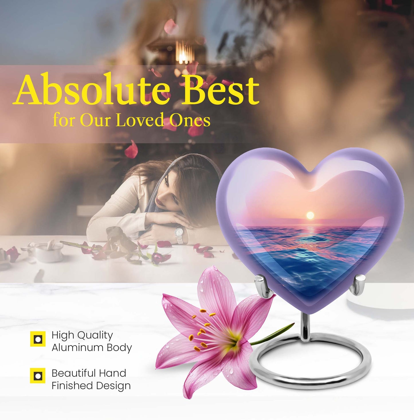 10-inch ocean waves urn, heart-shaped, butterfly-themed for adult cremation