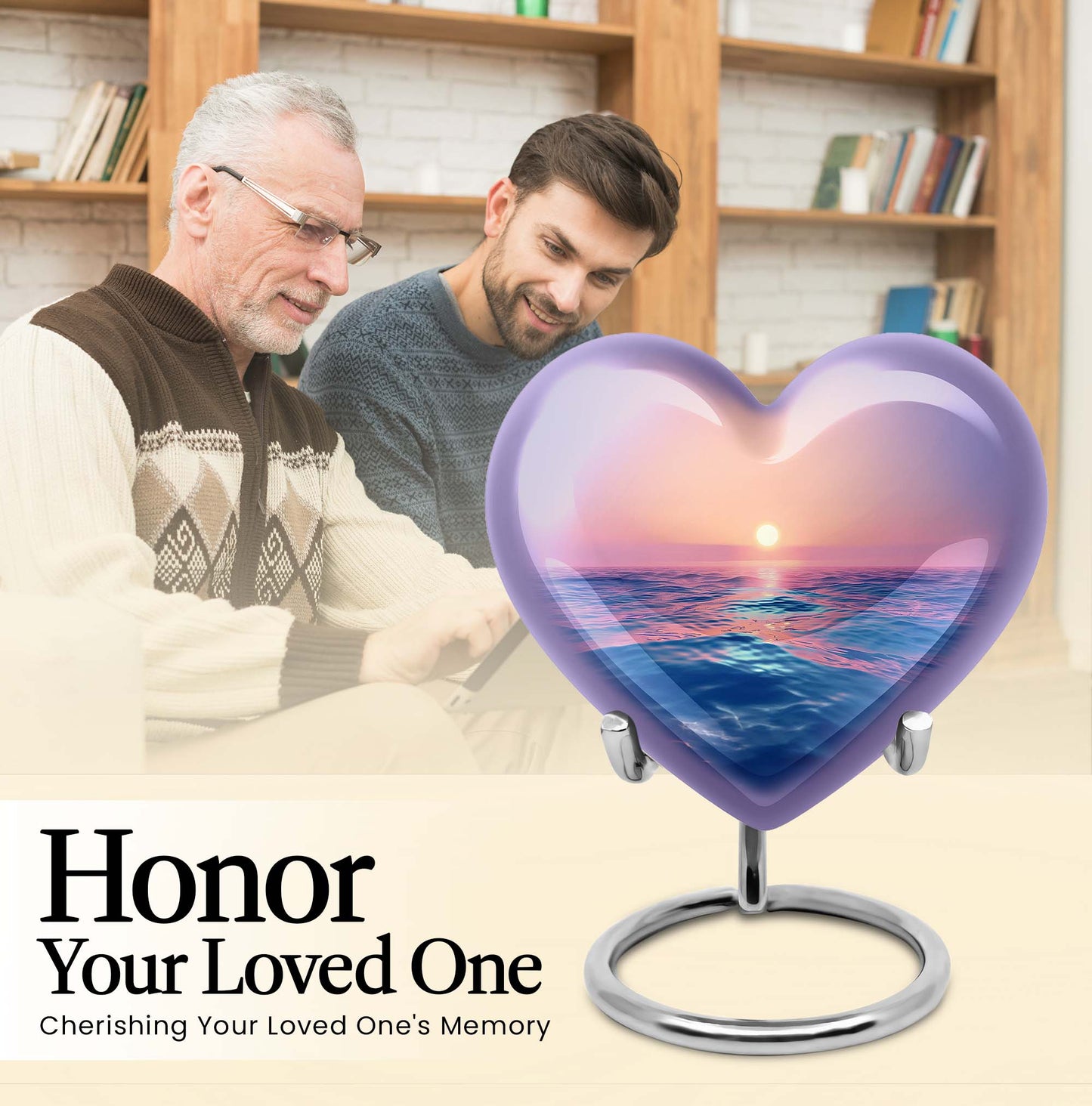 10-inch ocean waves urn, heart-shaped, butterfly-themed for adult cremation