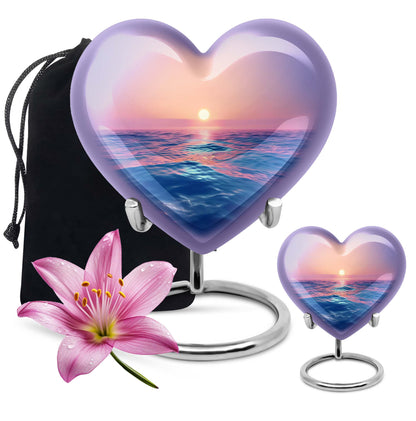 10-inch ocean waves urn, heart-shaped, butterfly-themed for adult cremation
