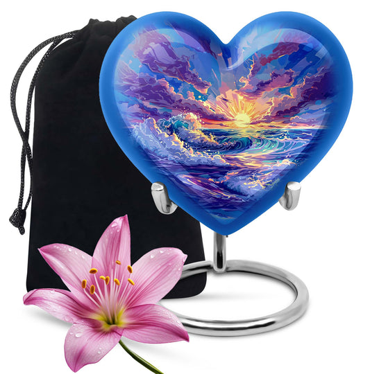Ocean waves themed aluminum heart urn for adult male ashes