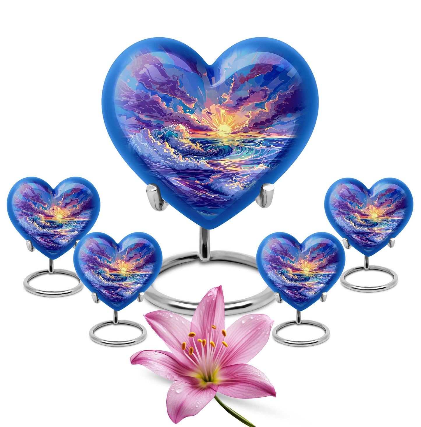Ocean waves themed aluminum heart urn for adult male ashes