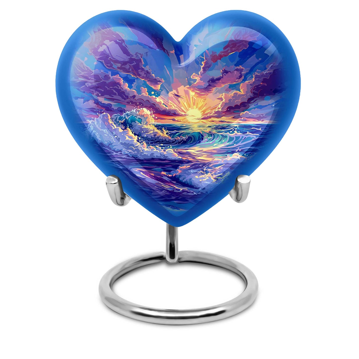 Ocean waves themed aluminum heart urn for adult male ashes