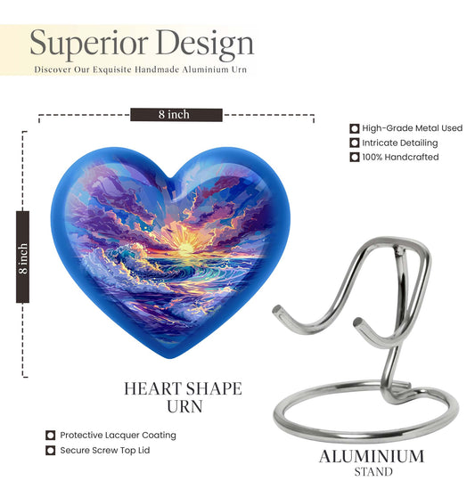 Ocean waves themed aluminum heart urn for adult male ashes