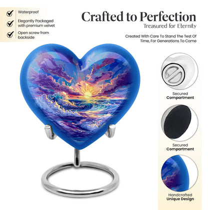 Ocean waves themed aluminum heart urn for adult male ashes
