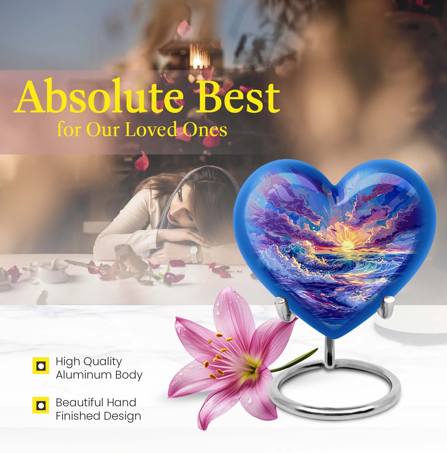 Ocean waves themed aluminum heart urn for adult male ashes