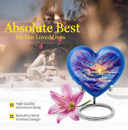 Ocean waves themed aluminum heart urn for adult male ashes