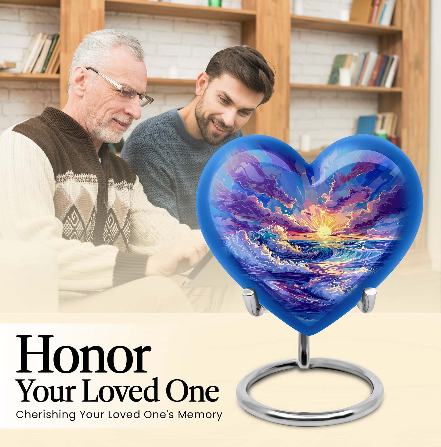 Ocean waves themed aluminum heart urn for adult male ashes