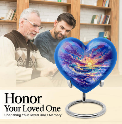 Ocean waves themed aluminum heart urn for adult male ashes